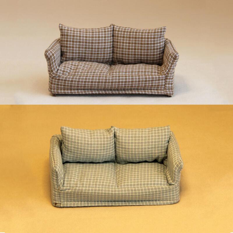 Mini Dollhouse Living Room Furniture Fabric Plaid Sofa Cotton Doll 1/12 Scale Bjd Dollhouse Miniature Furniture