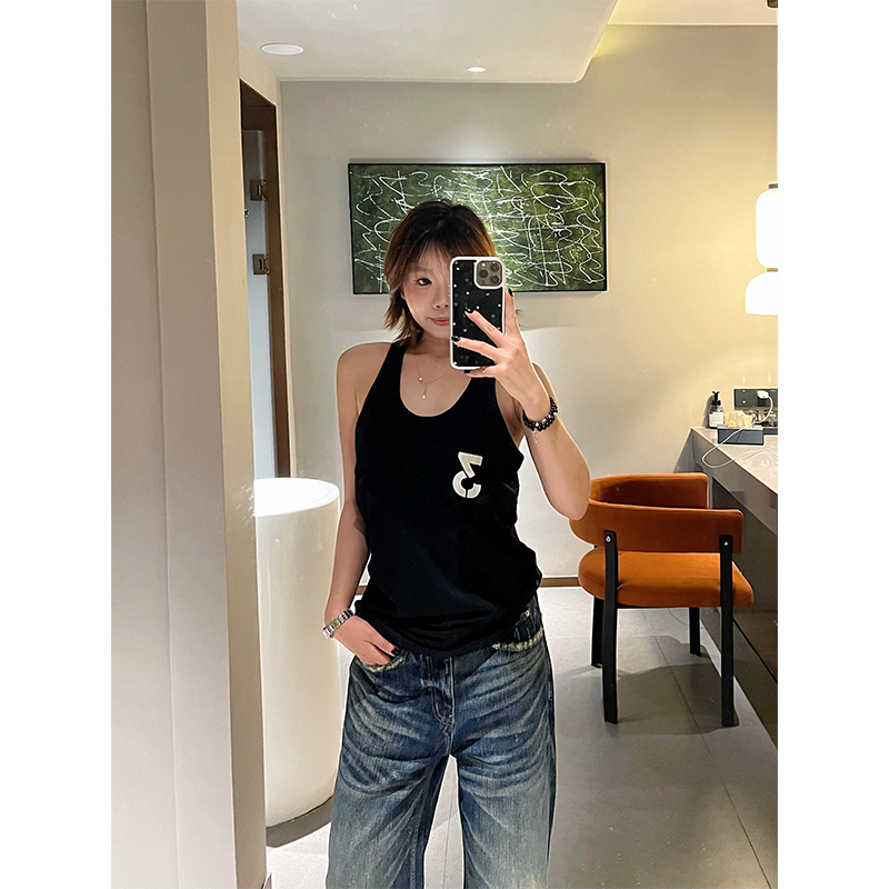 808H American Retro Digital Print Halter Neck Tank Top for Women, Summer Loose Simple Versatile Sleeveless Top
