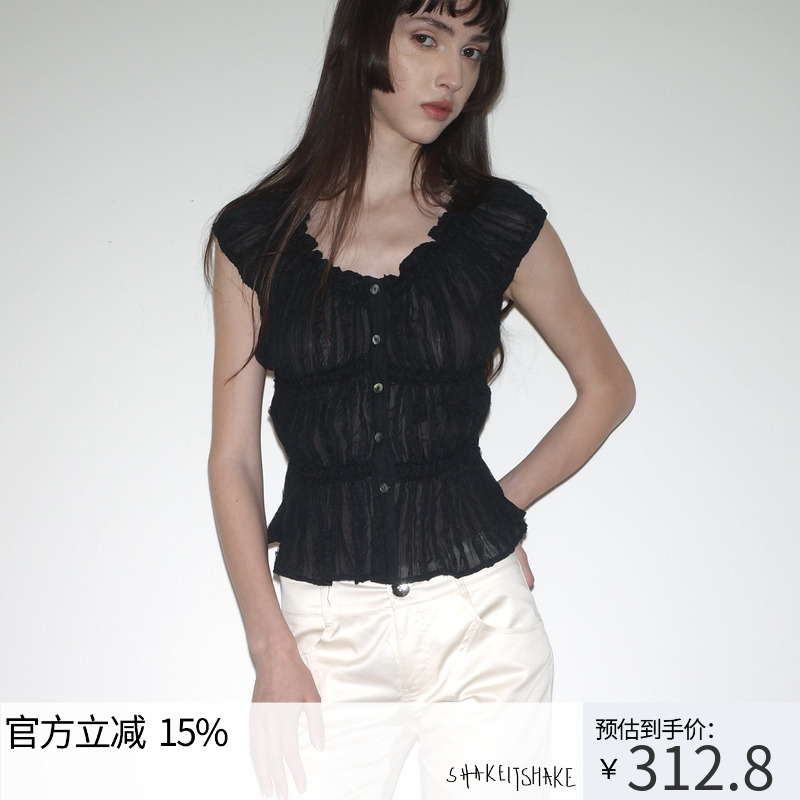 Shakeitshake Black Pleated Chiffon Lace Blouse Women's Summer Retro Waist-Cinching Button Short-Sleeved Shirt Shakeitshake Black Pleated Chiffon Lace Blouse Women's Summer Retro Waist-Cinching Button Short-Sleeved Shirt