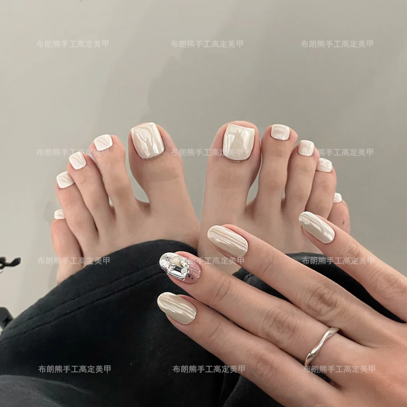 Aurora Pearl White Sparkling Diamond Ball Toe Nail Stickers Finished Handmade Wearable Toe Nails Long-Lasting Waterproof for Pregnant Women