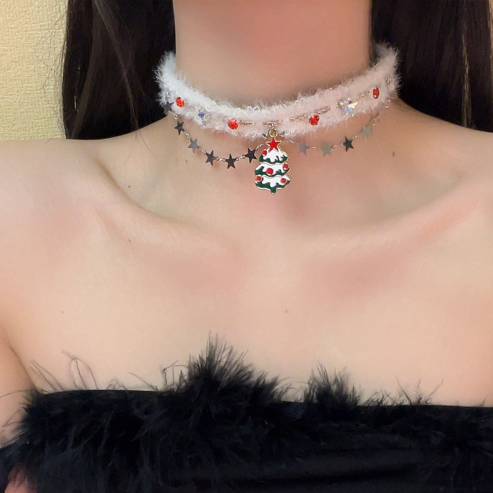 食颜派 圣诞树星星白色毛绒项链 1个【秋冬双层 爆款锁骨链】