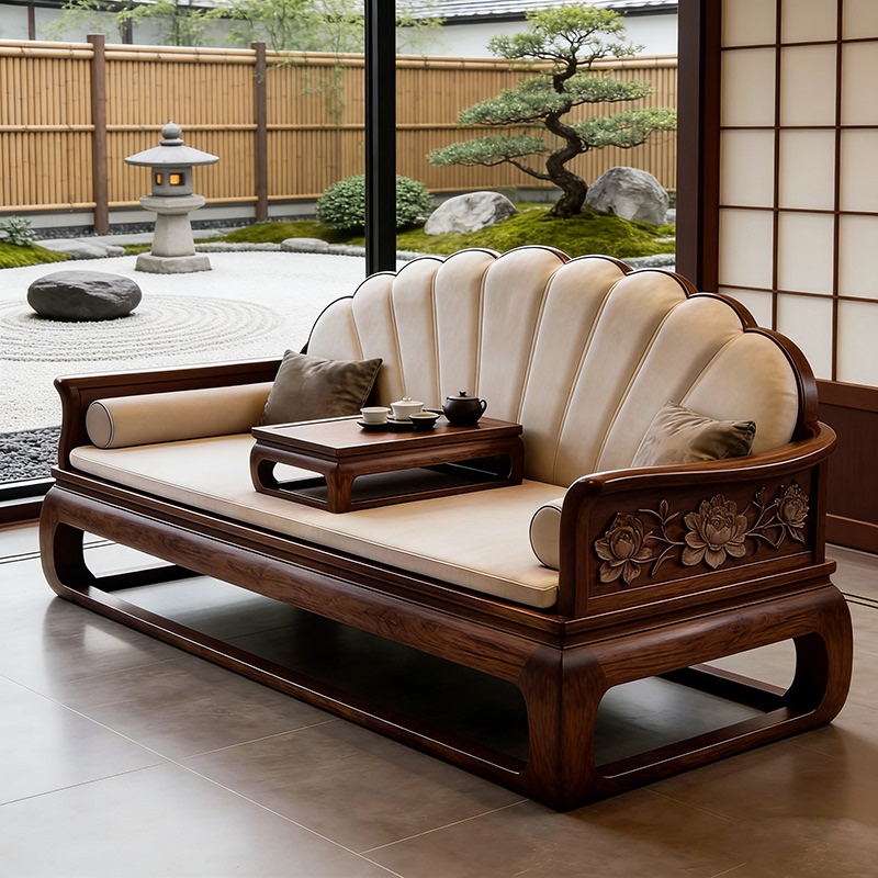New Chinese-Style North American Black Walnut Wood Luohan Bed with Song-Style Aesthetics, Solid Wood Carving, Zen-Inspired Living Room and Tea Room Dual-Purpose Furniture