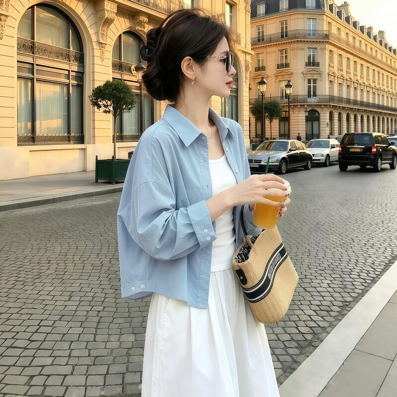 Blue Long-Sleeved Shirt for Women 2026 New Spring and Autumn Korean Style Loose Lazy Style Shirt Versatile Casual Top