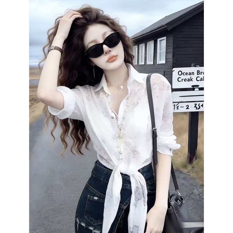 French-Style Lazy Lace Hollow-Out Tie-Up Shirt for Women, 2026 Summer New Light Luxury Versatile Loose Age-Reducing Top French-Style Lazy Lace Hollow-Out Tie-Up Shirt for Women, 2026 Summer New Light Luxury Versatile Loose Age-Reducing Top