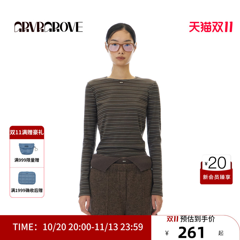 Grvr Grove Official Flagship Store 2025Wt Winter Long-Sleeved Round Neck T-Shirt Striped Women's Gcw5Ts02 Grvr Grove Official Flagship Store 2025Wt Winter Long-Sleeved Round Neck T-Shirt Striped Women's Gcw5Ts02