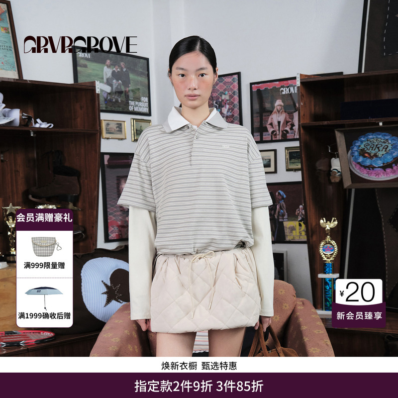 [Same Style as the Blogger] Grvr Grove Official Flagship Store Fake Two-Piece Long-Sleeved T-Shirt Striped Women's Gcw5Ts05