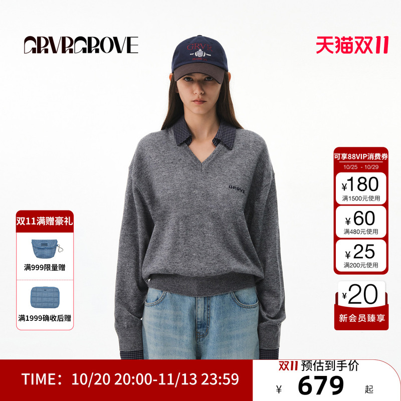 Grvr Grove Official Flagship Store 2026Fw New Autumn Style Spliced V-Neck Fake Two-Piece Sweater Gf26Knc17