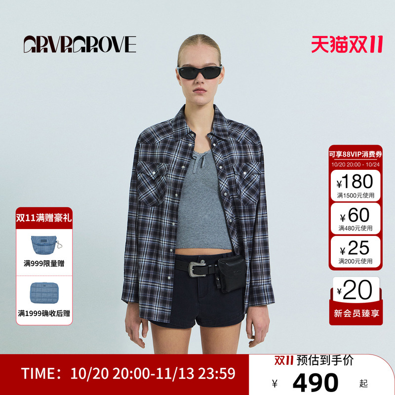 Grvr Grove Official Flagship Store 26Ss Spring and Summer Loose Long-Sleeved Shirt Retro Plaid Gs26Shc04