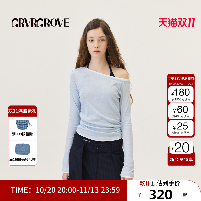 Grvr Grove Official Flagship Store 2026Ps Spring Fake Two-Piece Long-Sleeved T-Shirt with Slanted Shoulders and Contrasting Colors Gp26Tsc30