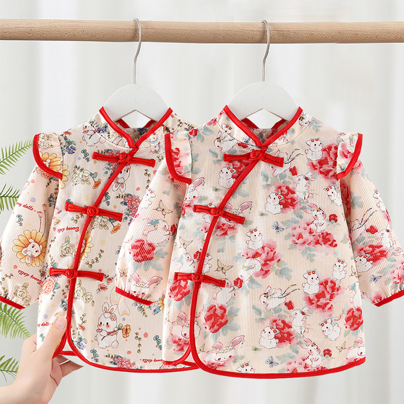 Children's Chinese style smock, baby bib, reverse dressing, baby rice pocket, autumn and winter kindergarten waterproof long-sleeved eating clothes