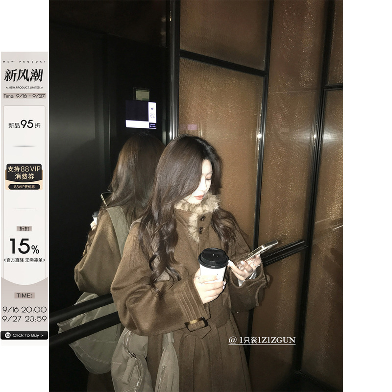 1Z1Zgun Is My Favorite! a Luxurious Item. Faux Rabbit Fur Collar, 100% Sheep Wool Double-Sided Woolen Coat for Women