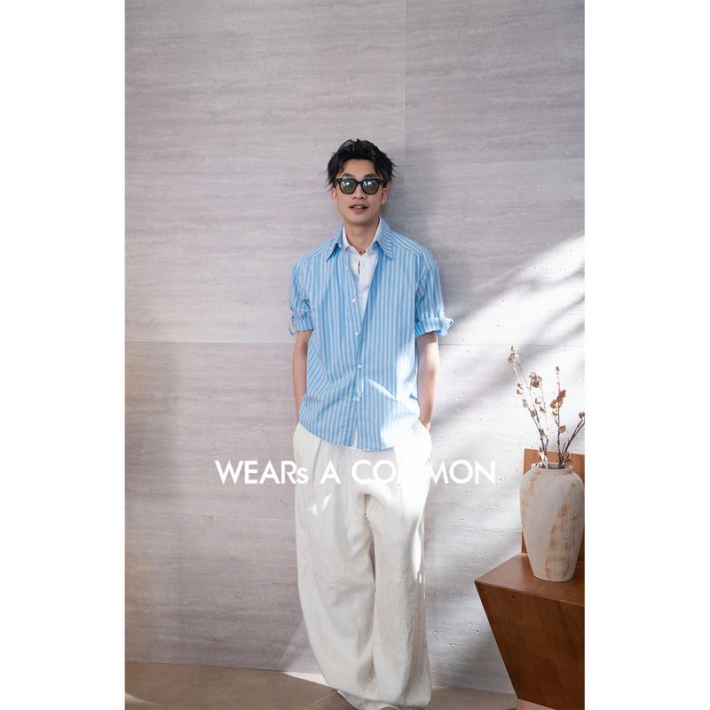 Wsac Yu Sanhuo 21-Piece Blue and White Fine-Striped Cotton Double-Layer Collar Non-Iron Short-Sleeve Shirt Fake Two-Piece Summer