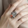 Pure Silver Nanhong Five Blessings Bat Chinese Knot Ingot Swallowing Rice Beast Ring Retro Baidu National Style J14009