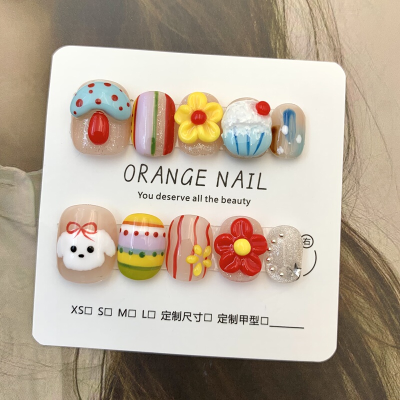 [Summer Garden] Orange Handmade Wearable Nails Cute Flowers Mushrooms Puppy Summer Dopamine Manicure