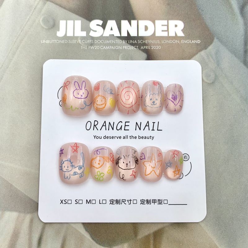 【Summer Journal】Orange One Purely Handmade Wearable Nails Simple Ins Style Cat Eye Colored Pencil Graffiti Cat Nail Art