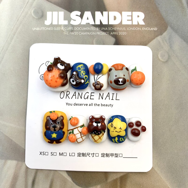 [Xiong Puff] Orange Handmade Wearable Nails Cute Three-Dimensional Carved Dumb Bear Childlike Manicure
