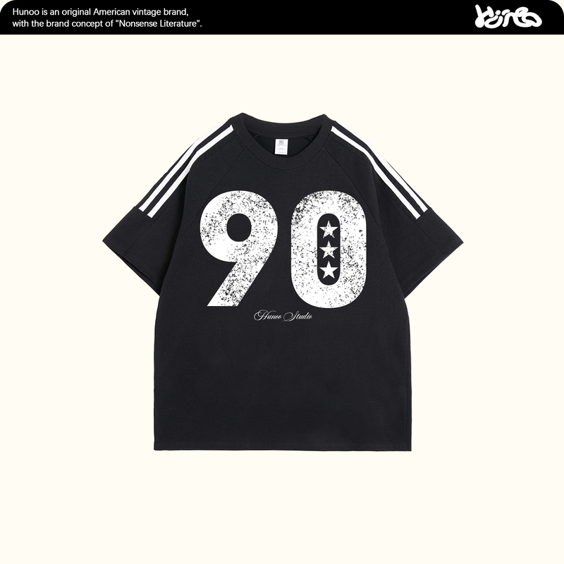 Hunoo American-Style Vintage Number 90 Star Print Three-Stripe Short-Sleeve T-Shirt for Women, Unique Street Style Top