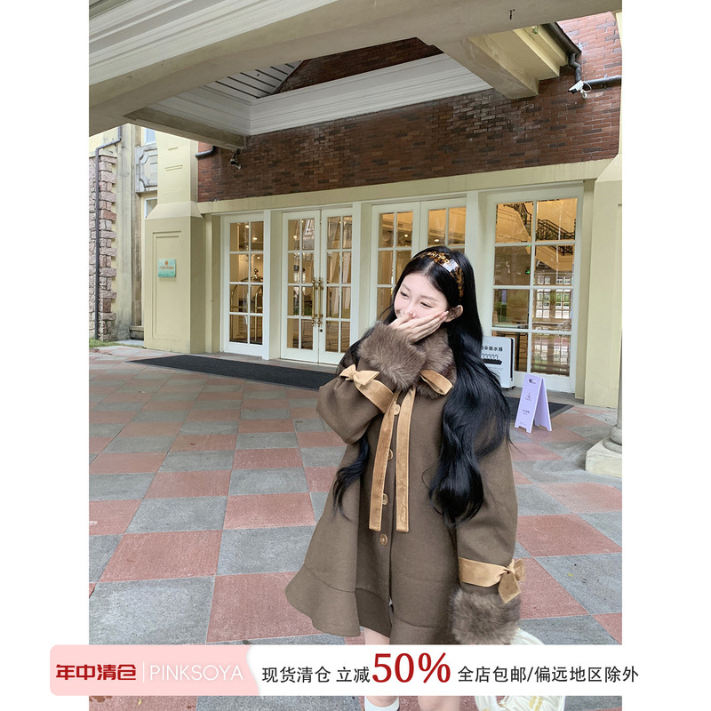 [Clearance] Pinksoya Vintage Brown Plush Collar Woolen Coat for Women, Winter Loose Fit, Slimming, Mid-Length