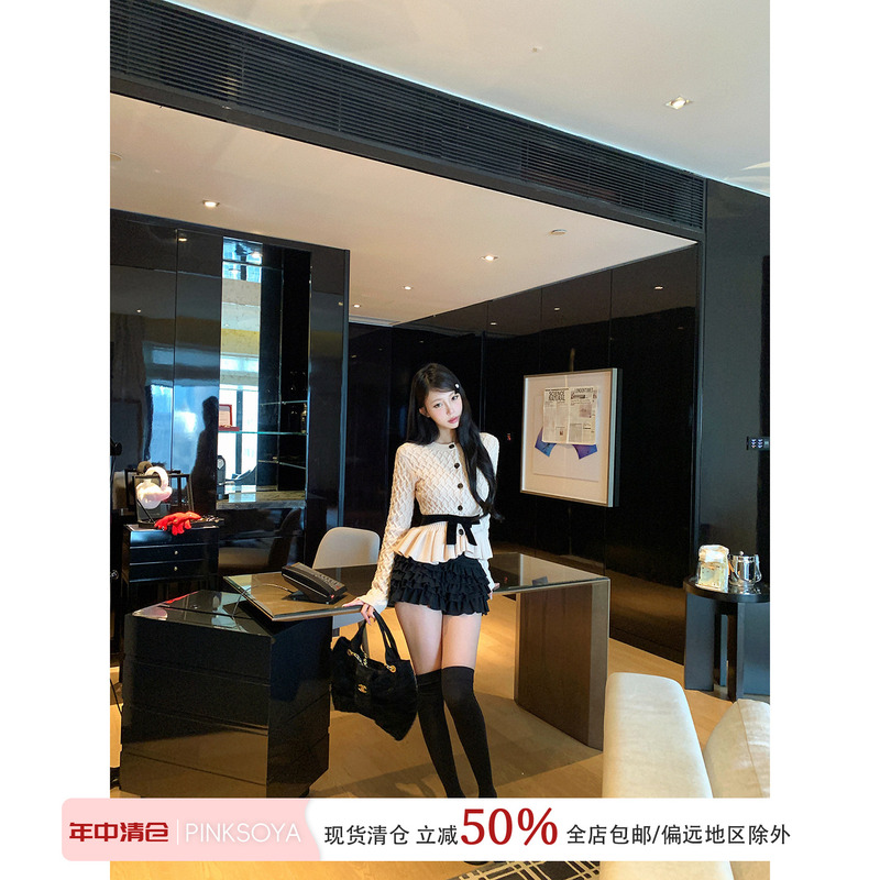 Pinksoya Pink Bean-Shaped Bow-Knot Small Fragrant Style Knitted Sweater for Women, Winter Niche Design Ruffle Top