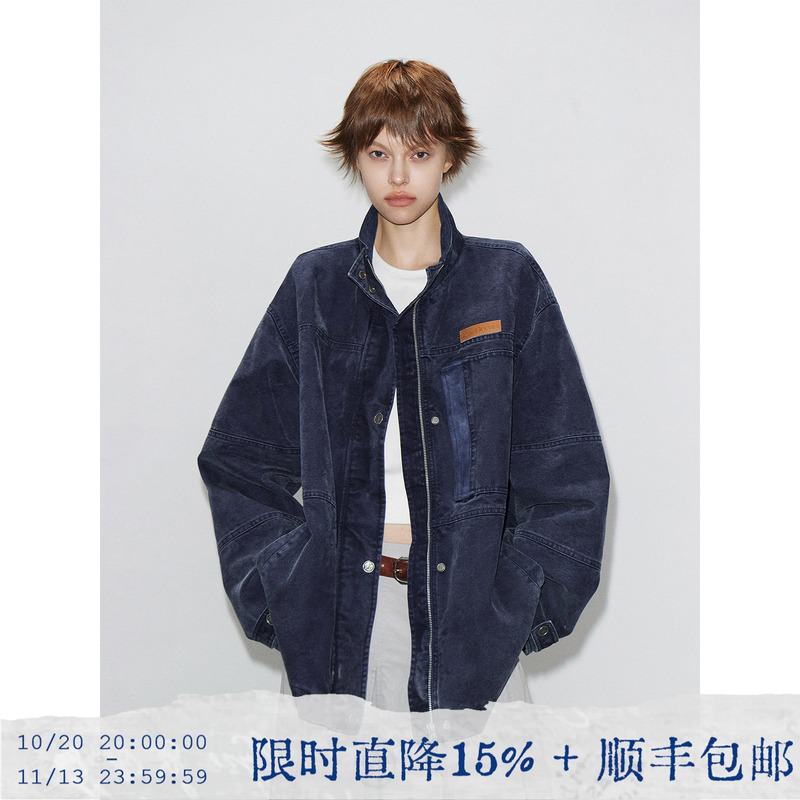 Tearocean* Heavy-Duty Washed Vintage Workwear Stand-Up Collar Patchwork Jacket Loose Casual Top for Women