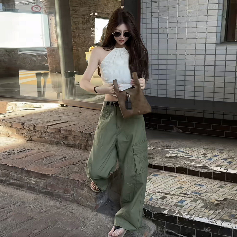 2026 Summer New Hot Girl Short Halter Neck Sleeveless Vest Top Workwear Army Green Wide-Leg Pants Set
