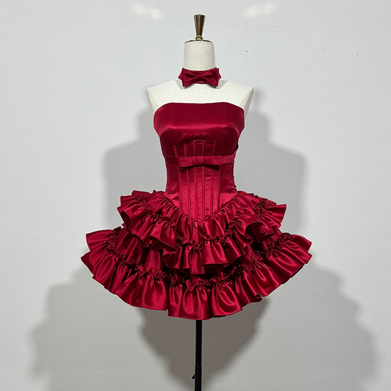 Red Strapless Birthday Party Dress, High-End Light Luxury Niche Coming-Of-Age Ceremony Dress, Elegant Socialite Puffy Princess Dress
