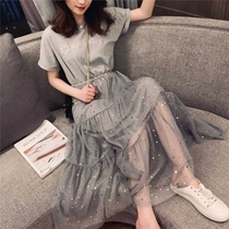 French niche fake two-piece dress for women summer new temperament fairy skirt sequin mid-length mesh skirt womens clothing