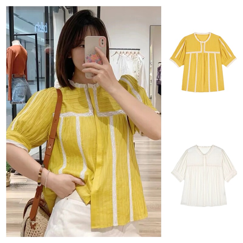 In Stock [90% off ~ Paris Ba* Lace-Trimmed Shirt] French Style 26 Summer Tuck-Pleated Sweet Loose Shirt 2 Colors