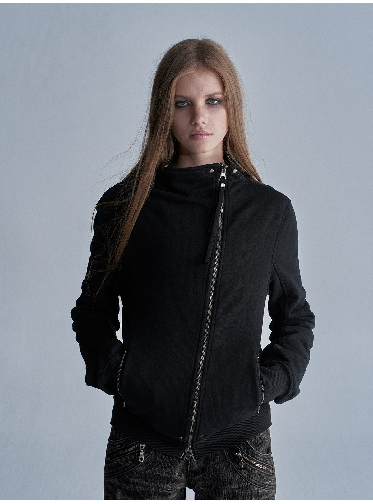wear And tear Asymmetric Zip Rivet Fleece Jacket