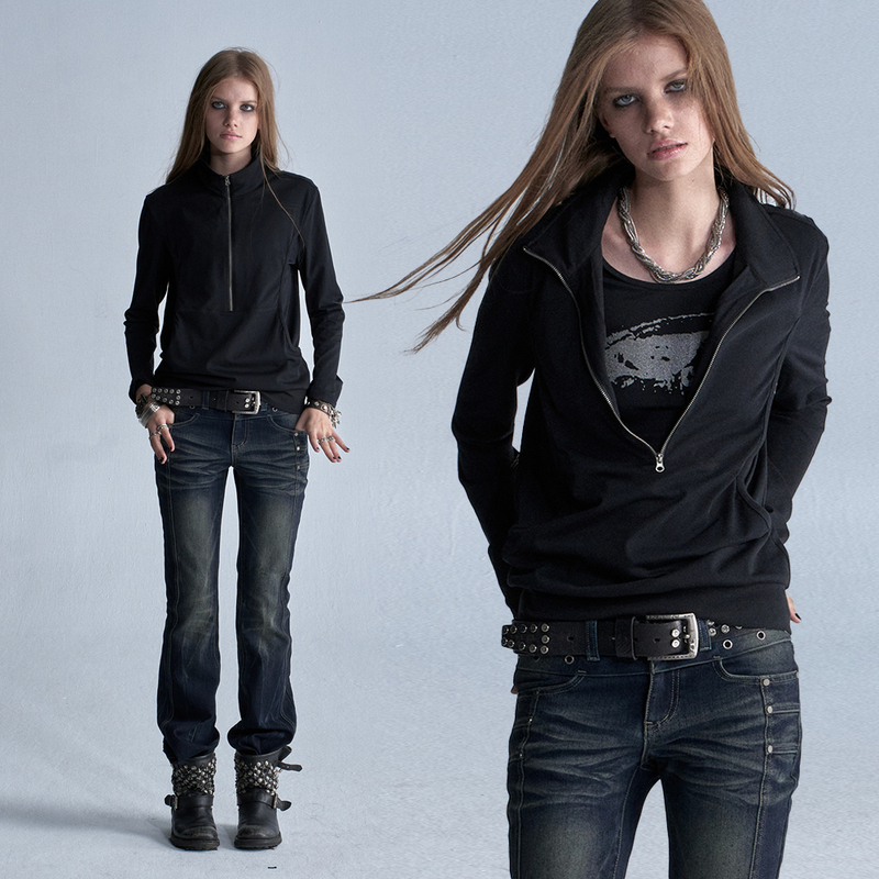 Wearandtear Fake Two-Piece Double-Layer Collar Shiny Silver Print Stand-Up Collar Zipper Black Punk Long-Sleeve T-Shirt