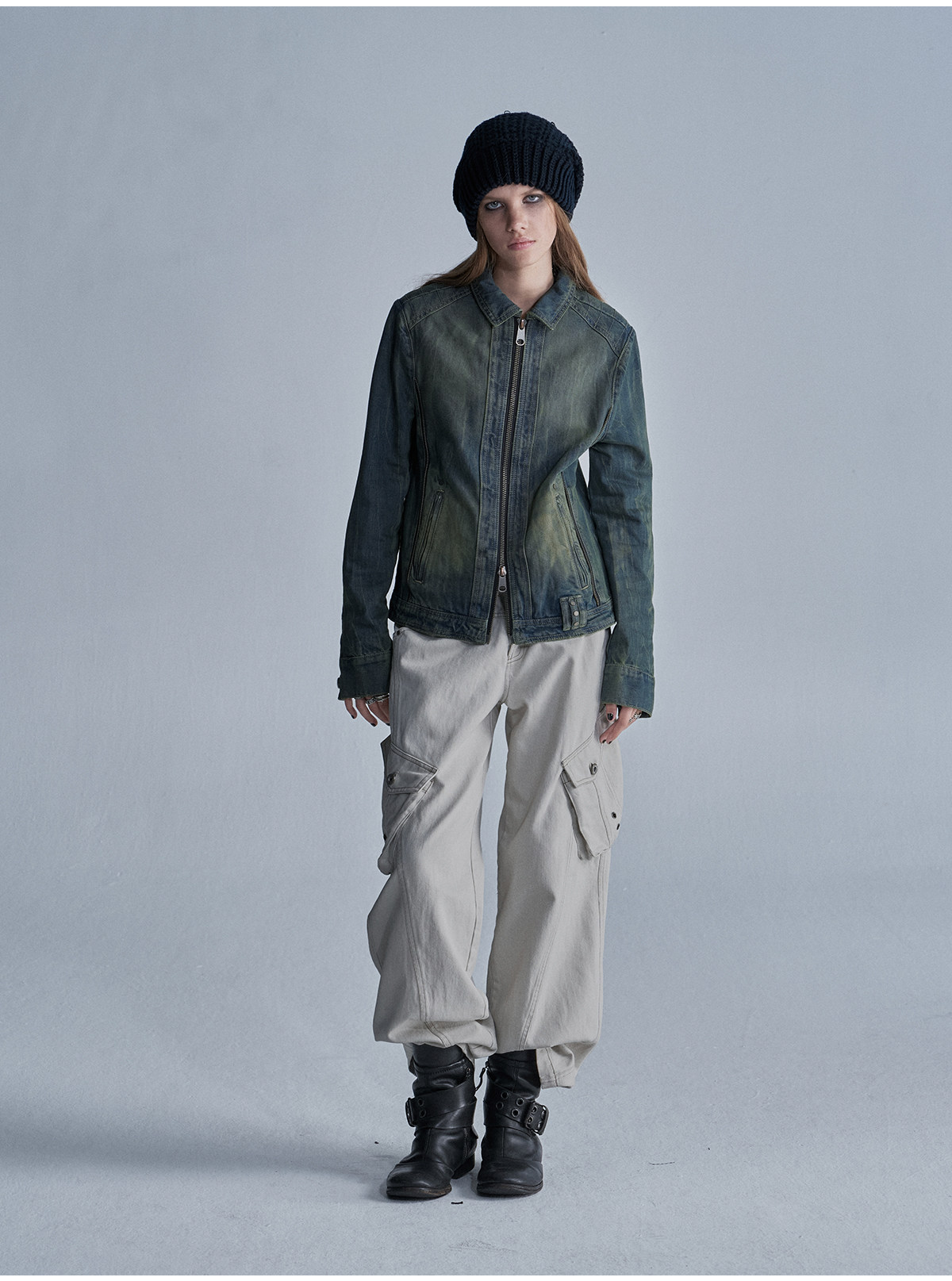 wear And tear Distressed Rivet Zip-Up Denim Jacket