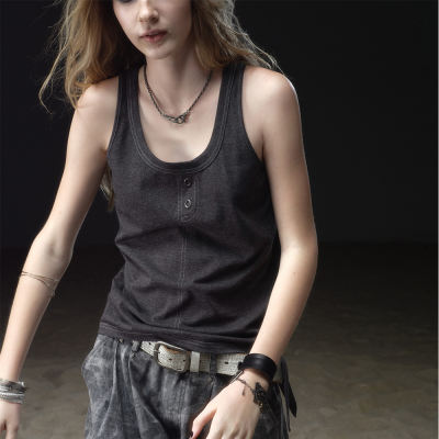 wearAndtear lace-up with contrasting color lines, loose punk street metal, laid-back neutral vest and halter top
