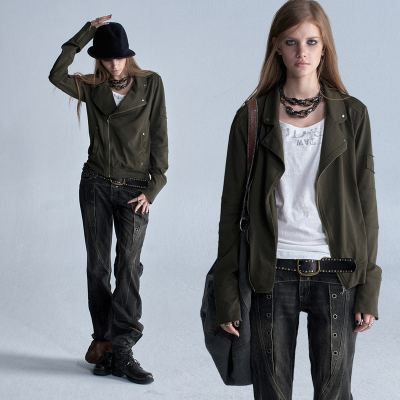 Wearandtear Diagonal Lapel Split Rivet Cuff Zipper Washed Punk Knit Thin Jacket