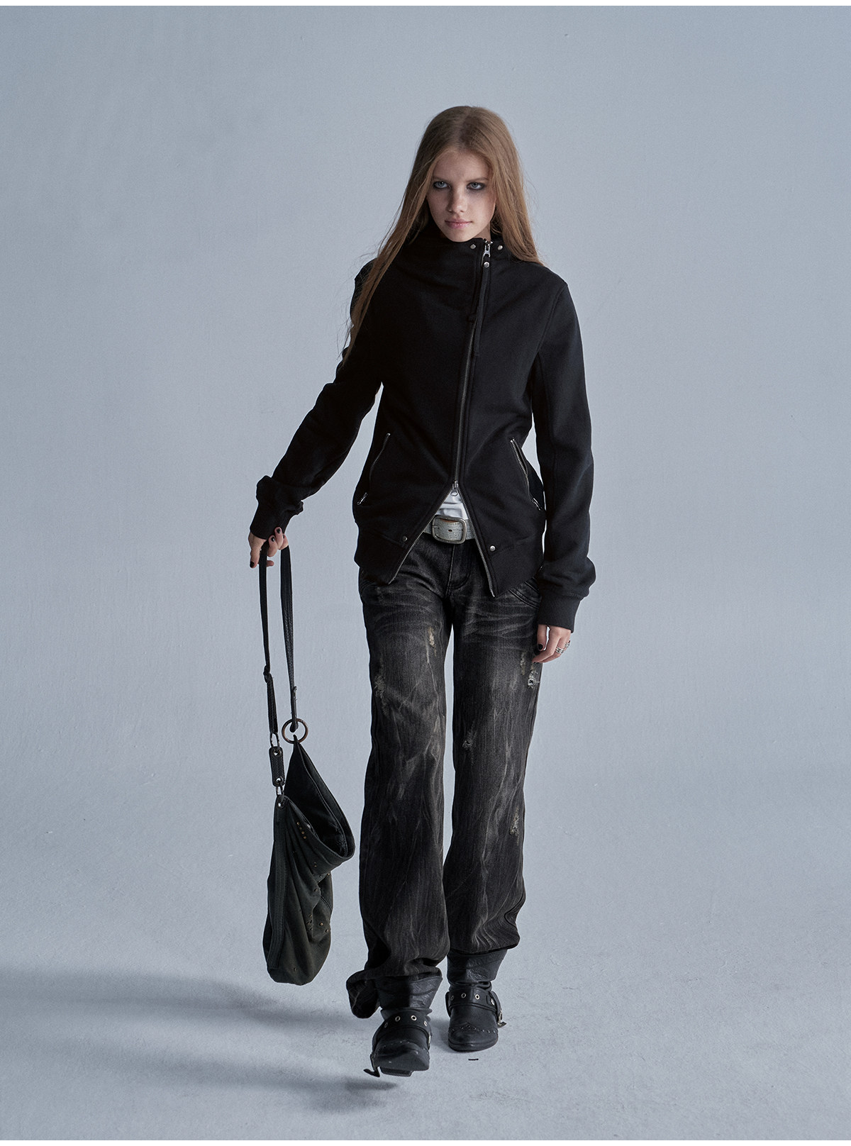 wear And tear Asymmetric Zip Rivet Fleece Jacket