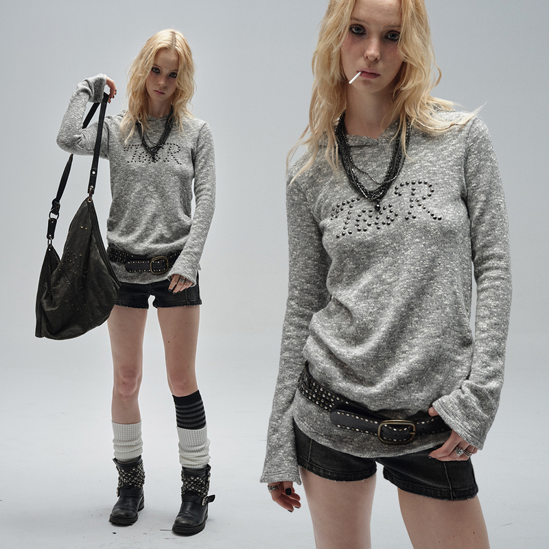 Wearandtear Metal Pattern Ruched Flared Sleeves Floral Yarn Blend Hooded Punk Long Sweater Knitwear