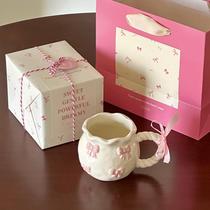 Ins style handmade irregular pink three-dimensional bow art niche mug gift ceramic water cup