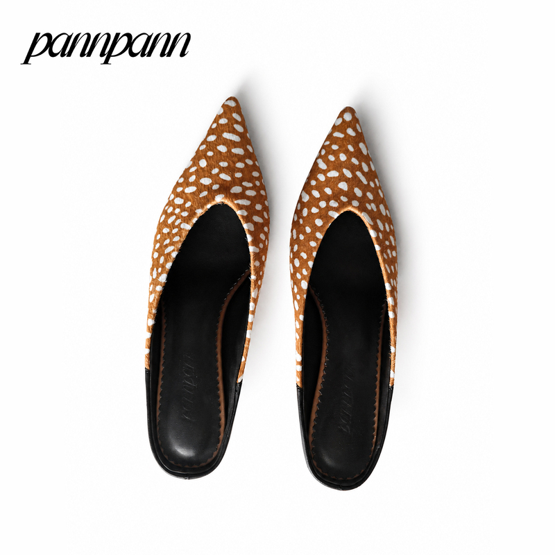 Pannpann Pointed Toe Retro Stiletto Heel Spotted High Heel Mules Faye【In Stock】