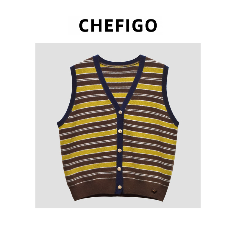 【Che Figo】Striped Color-Block Sleeveless Knit Cardigan