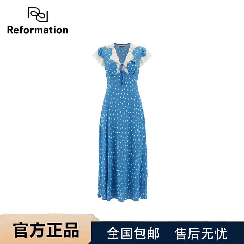 [Authentic in Stock] Reformation Zhang Ruonan's Same Style Retro Polka Dot Chic Lace Patchwork Dress