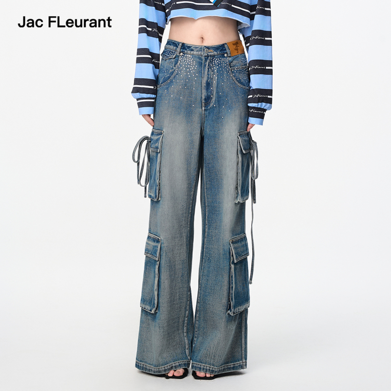 Jac Fleurant【Same Style as Zhou Shen, Zi Yu, Meng Ziyi, and Li Landi】Rhinestone-Decorated Workwear Pocket Jeans