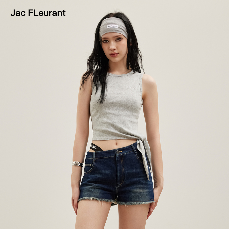 Jac Fleurant【Sun Yi's Style】2026 Summer Gray Embroidered Logo Knotted Strap Tank Top for Women