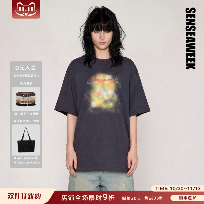 [Same Style as Yan Haoxiang] Senseaweek26 Autumn New Printed T-Shirt Top with Star Neon Print Short Sleeves