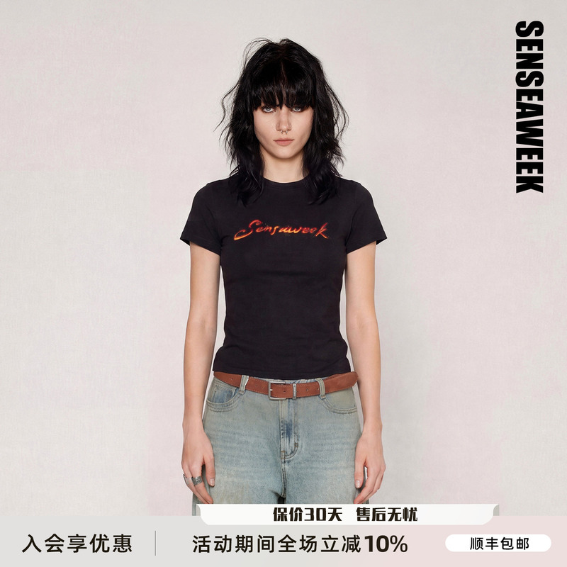 Senseaweek26 New Autumn Product American-Style Short Slim-Fit Top with Star Neon Print and Small Flying Sleeves T-Shirt