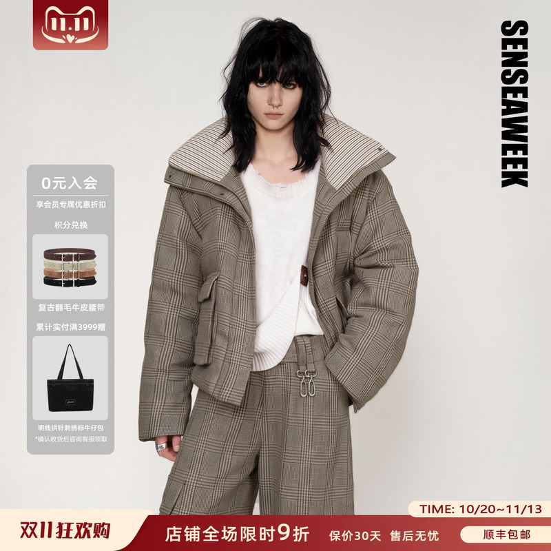 Senseaweek26 New Autumn and Winter Retro Loose Stand-Up Collar Warm Jacket Wool Plaid Leather Label down Jacket Senseaweek26 New Autumn and Winter Retro Loose Stand-Up Collar Warm Jacket Wool Plaid Leather Label down Jacket
