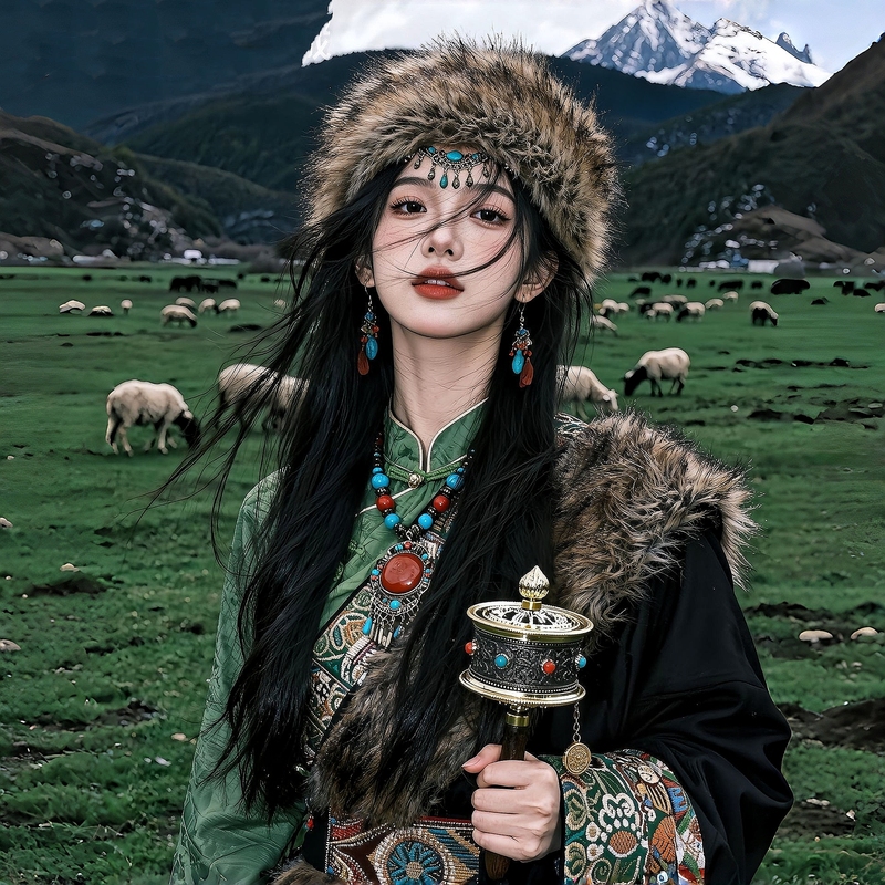 Tibetan Style Women's Green Top, Tibetan Ethnic Minority Travel Photography Outfit, Flattering Outfit Set, Same Style as Tian Xiwei