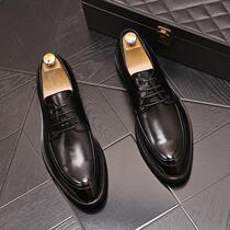 Mens pointed-toe small leather shoes fashionable lace-up casual shoes heightening youth black wedding shoes British style mens shoes