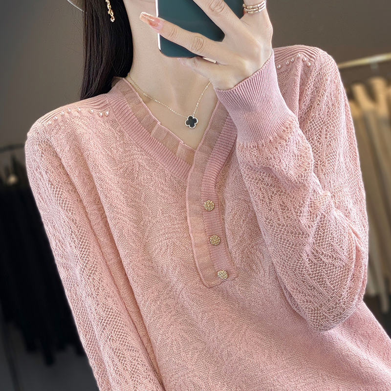 Women's Base Shirt 2026 New Spring and Autumn Stylish Lace V-Neck Jacquard Knit Top Plus Size Women's Autumn and Winter Sweater