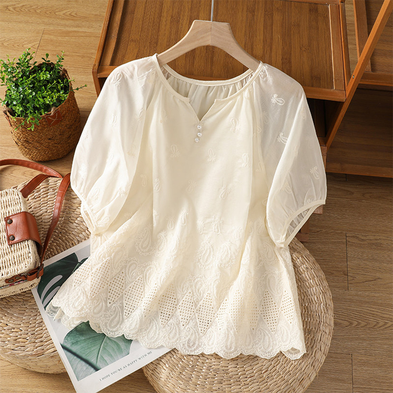 Sun South French-Style Embroidered Silk Shirt for Women, Summer 2026 New Plus-Size Doll-Style Blouse