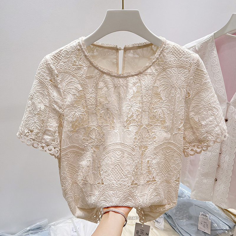 Sun South High-End Hollow Embroidered Lace Top for Women, Summer 2026 New Style, Elegant and Slimming, Round Neck Short Sleeves Sun South High-End Hollow Embroidered Lace Top for Women, Summer 2026 New Style, Elegant and Slimming, Round Neck Short Sleeves