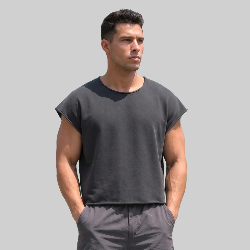 Five Men Heavyweight Loose Men's Square-Cut Short T-Shirt with Loose Cuffs, Sports Fitness Solid Color Wide Shoulder Cut-Off Sleeve T-Shirt